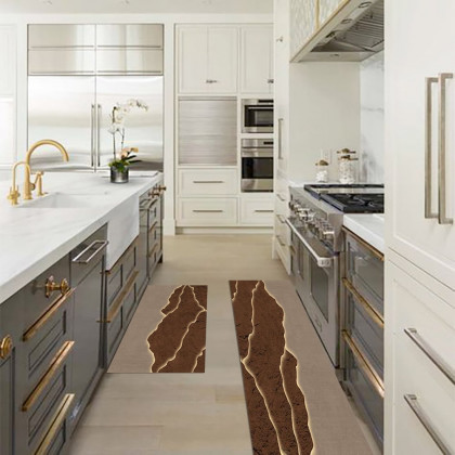 HMR - 2 Pieces Modern Gold & Brown Kitchen Runner Mats Non-slip Absorbent Kitchen Rug Set