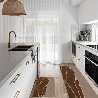 HMR - 2 Pieces Modern Gold & Brown Kitchen Runner Mats Non-slip Absorbent Kitchen Rug Set
