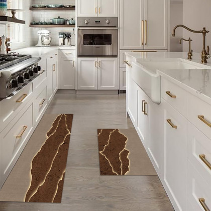HMR - 2 Pieces Modern Gold & Brown Kitchen Runner Mats Non-slip Absorbent Kitchen Rug Set