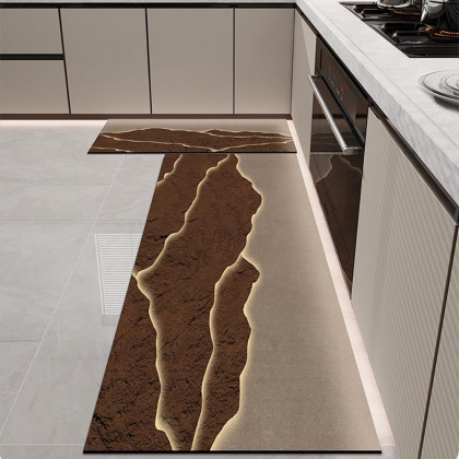 HMR - 2 Pieces Modern Gold & Brown Kitchen Runner Mats Non-slip Absorbent Kitchen Rug Set