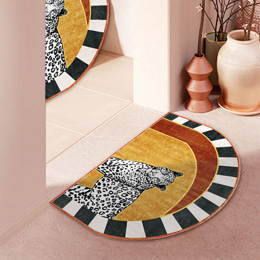 HMR - 2' x 3' 2 Pieces Art Deco Leopard Velvet Rug Half Round Non-Slip Door Mat Set