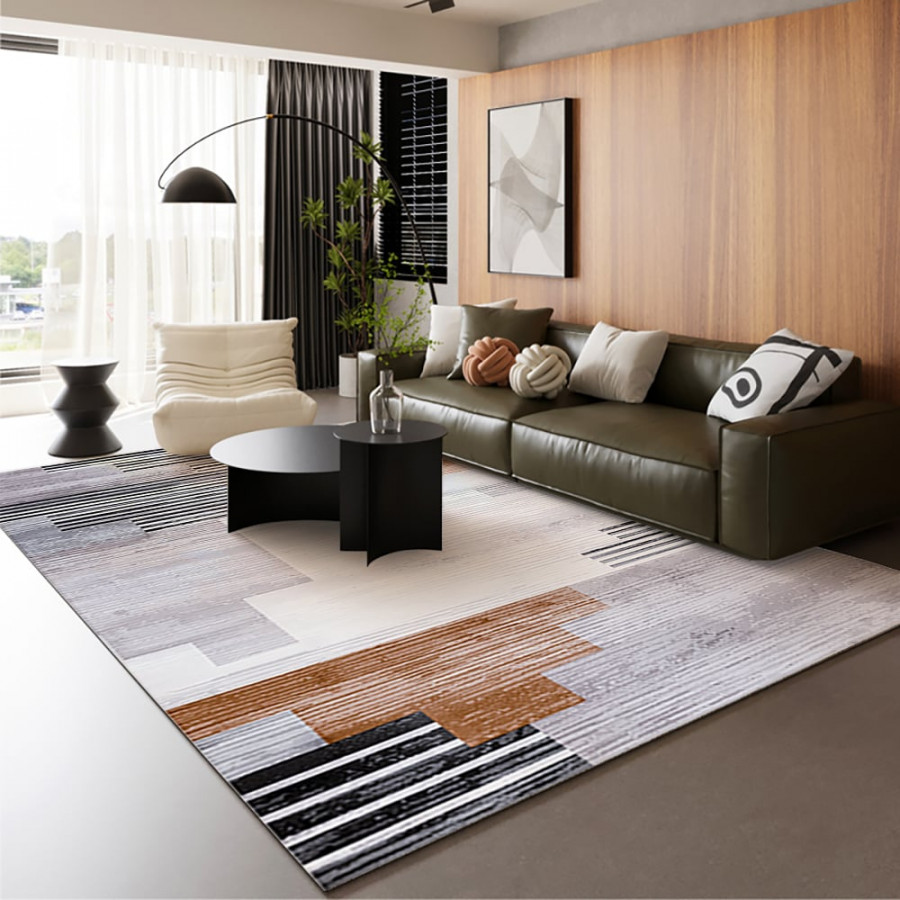 HMR - 5' x 7' Abstract Brown Rug Polyester Rectangular Machine Washable Living Room Area Mat