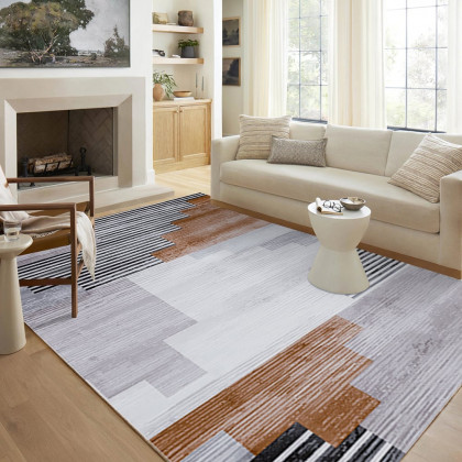 HMR - 5' x 7' Abstract Brown Rug Polyester Rectangular Machine Washable Living Room Area Mat
