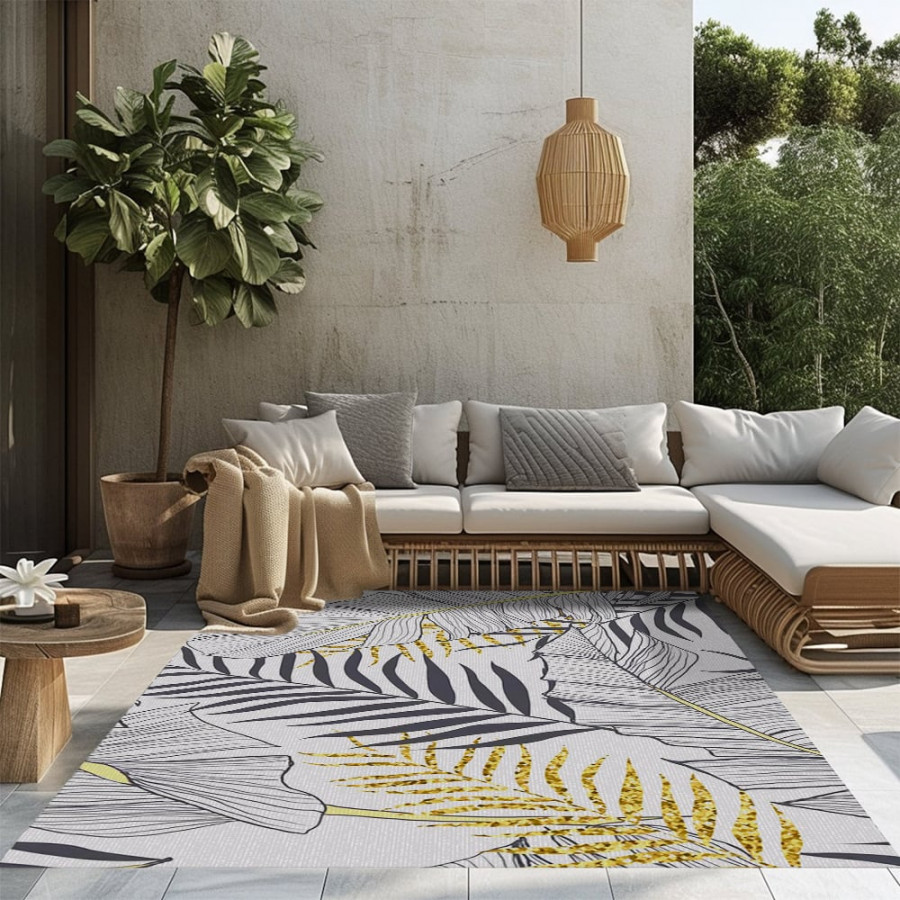 HMR - 8ft Gold & Black Tropical Banana Leaf Polyester Indoor/Outdoor Non-slip Washable Rug