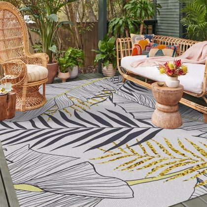HMR - 8ft Gold & Black Tropical Banana Leaf Polyester Indoor/Outdoor Non-slip Washable Rug