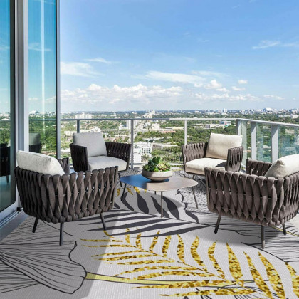 HMR - 8ft Gold & Black Tropical Banana Leaf Polyester Indoor/Outdoor Non-slip Washable Rug