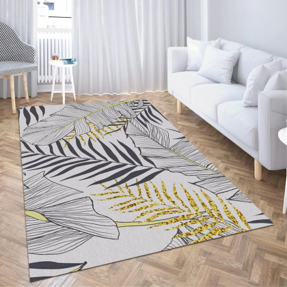HMR - 8ft Gold & Black Tropical Banana Leaf Polyester Indoor/Outdoor Non-slip Washable Rug
