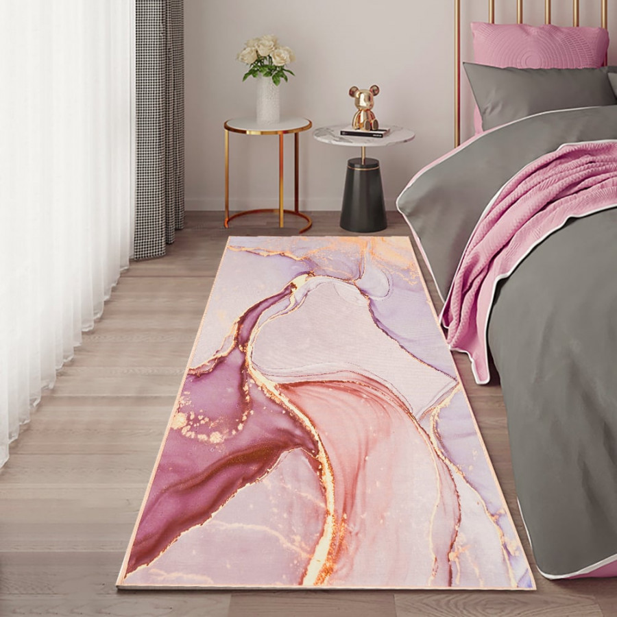 HMR Modern Abstract Rectangular 2' x 8' Area Rug - Pink/Gold/Gray