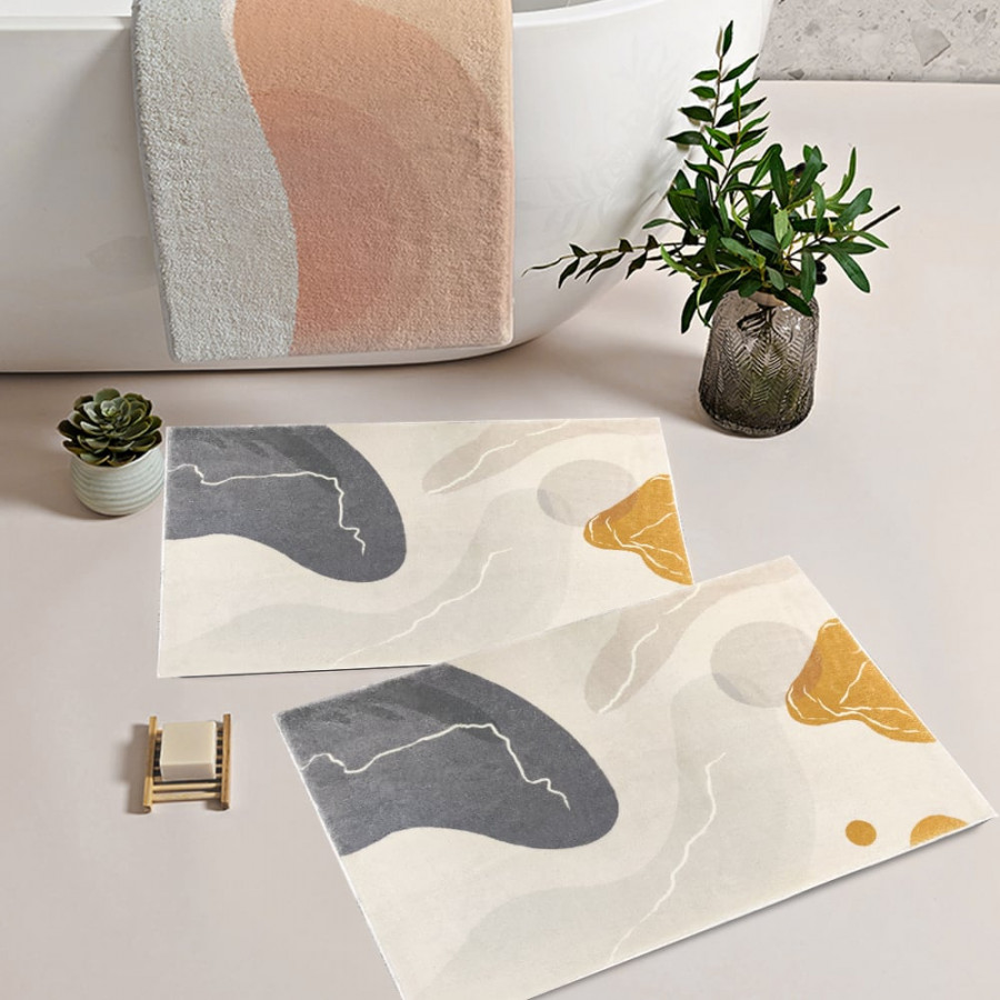 HMR - 20" x 32" Modern Geometric Bath Mat Set Faux Cashmere Soft Bathroom Rugs (2-Pieces)