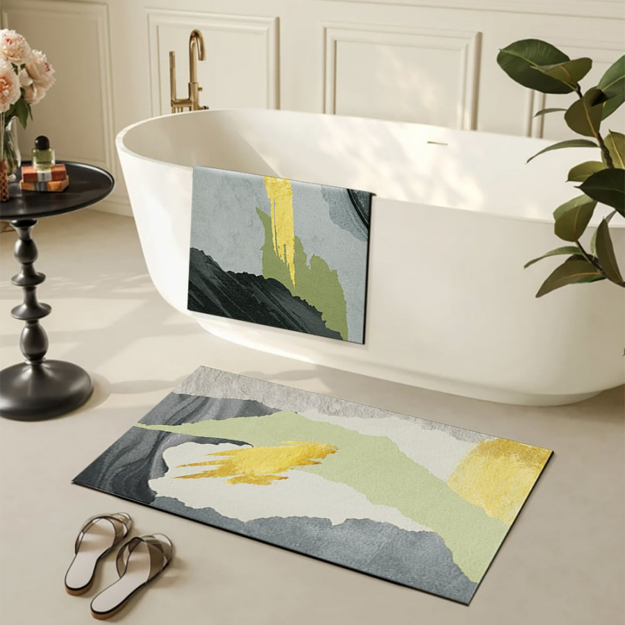 HMR - 2 Pieces Gray&Gold Abstract Bath Mat Set Marble Texture Non-slip Absorbent Rug Sets