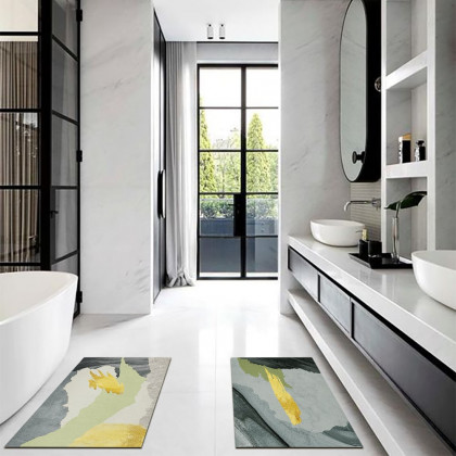 HMR - 2 Pieces Gray&Gold Abstract Bath Mat Set Marble Texture Non-slip Absorbent Rug Sets