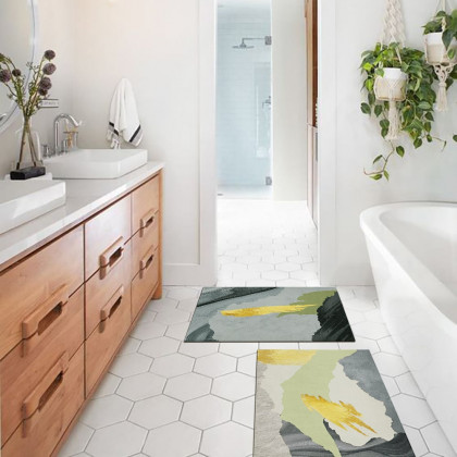 HMR - 2 Pieces Gray&Gold Abstract Bath Mat Set Marble Texture Non-slip Absorbent Rug Sets