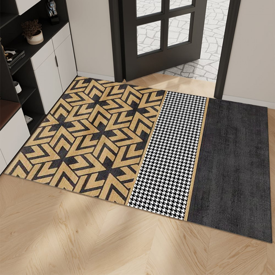 HMR - 2 Pieces Modern Geometric Houndstooth Gold Washable Door Mat Non-slip Entryway Rug Set