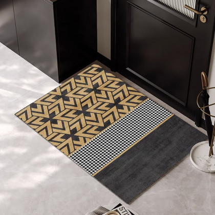 HMR - 2 Pieces Modern Geometric Houndstooth Gold Washable Door Mat Non-slip Entryway Rug Set