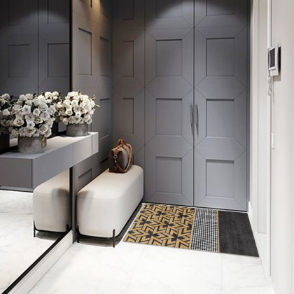 HMR - 2 Pieces Modern Geometric Houndstooth Gold Washable Door Mat Non-slip Entryway Rug Set