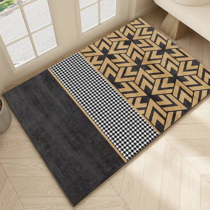 HMR - 2 Pieces Modern Geometric Houndstooth Gold Washable Door Mat Non-slip Entryway Rug Set