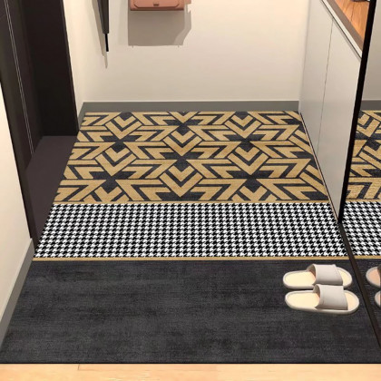 HMR - 2 Pieces Modern Geometric Houndstooth Gold Washable Door Mat Non-slip Entryway Rug Set