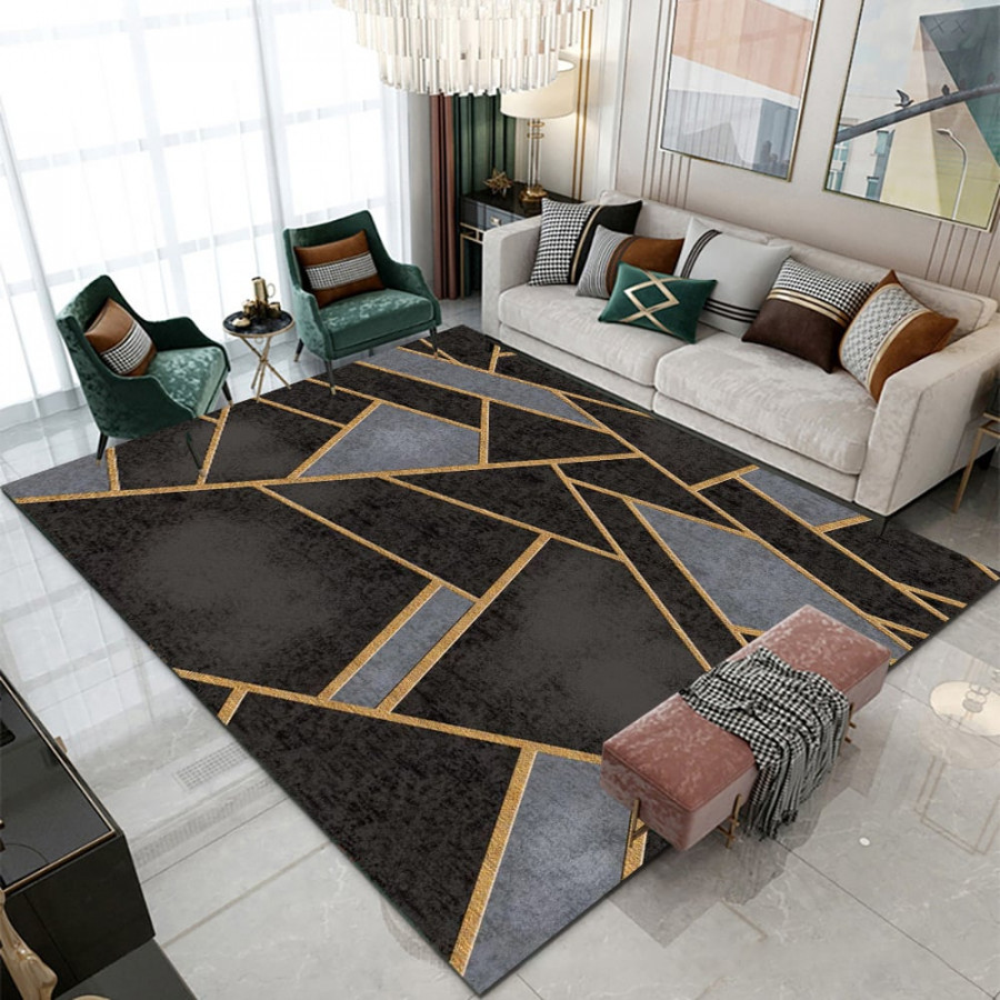 HMR - 5' x 7' Art Deco Black & Gold Livingroom Geometric Rug Decorative Carpet