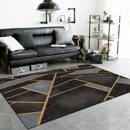 HMR - 5' x 7' Art Deco Black & Gold Livingroom Geometric Rug Decorative Carpet