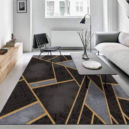 HMR - 5' x 7' Art Deco Black & Gold Livingroom Geometric Rug Decorative Carpet