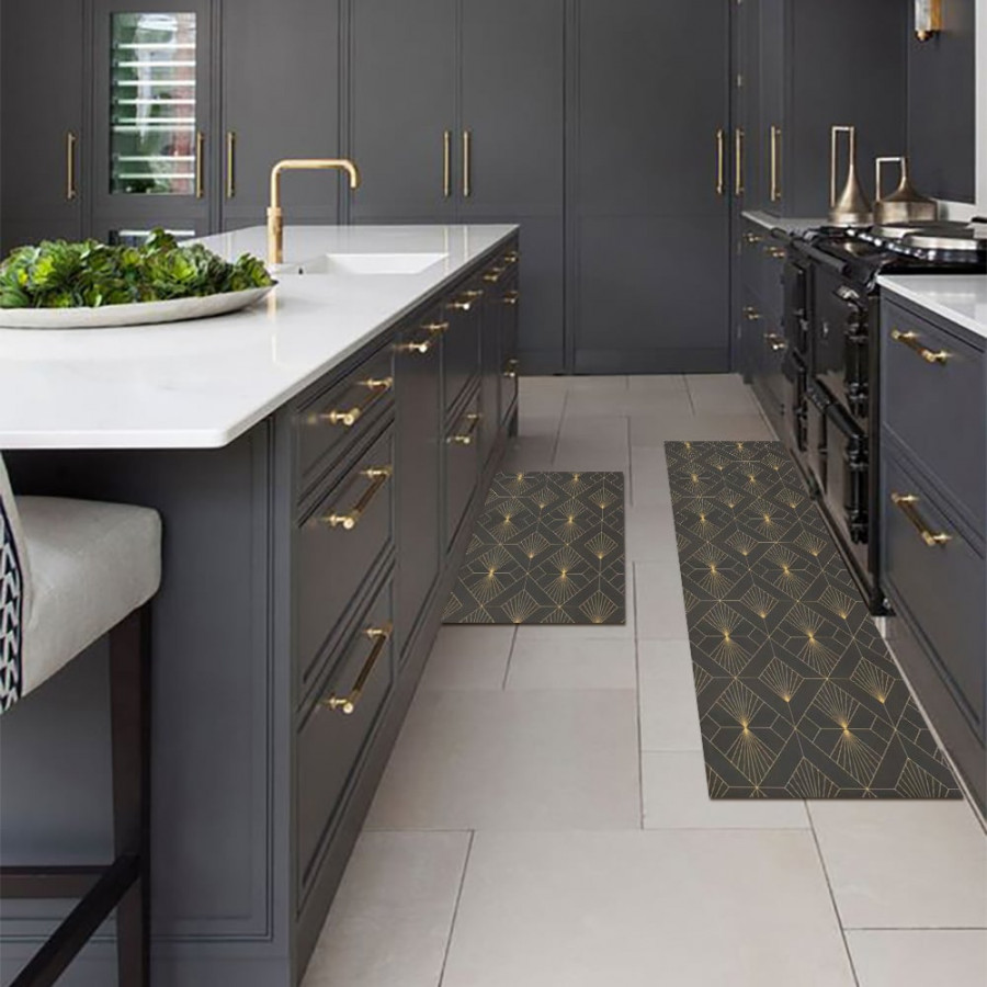 HMR - 2 Pieces Gold Kitchen Runner Mats Non-slip Geometric Kitchen Rug Set