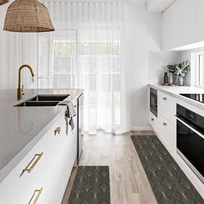 HMR - 2 Pieces Gold Kitchen Runner Mats Non-slip Geometric Kitchen Rug Set