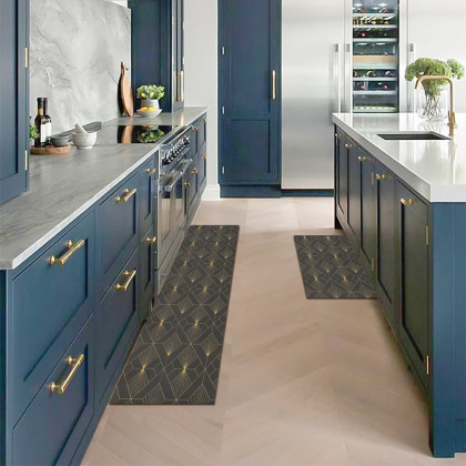 HMR - 2 Pieces Gold Kitchen Runner Mats Non-slip Geometric Kitchen Rug Set