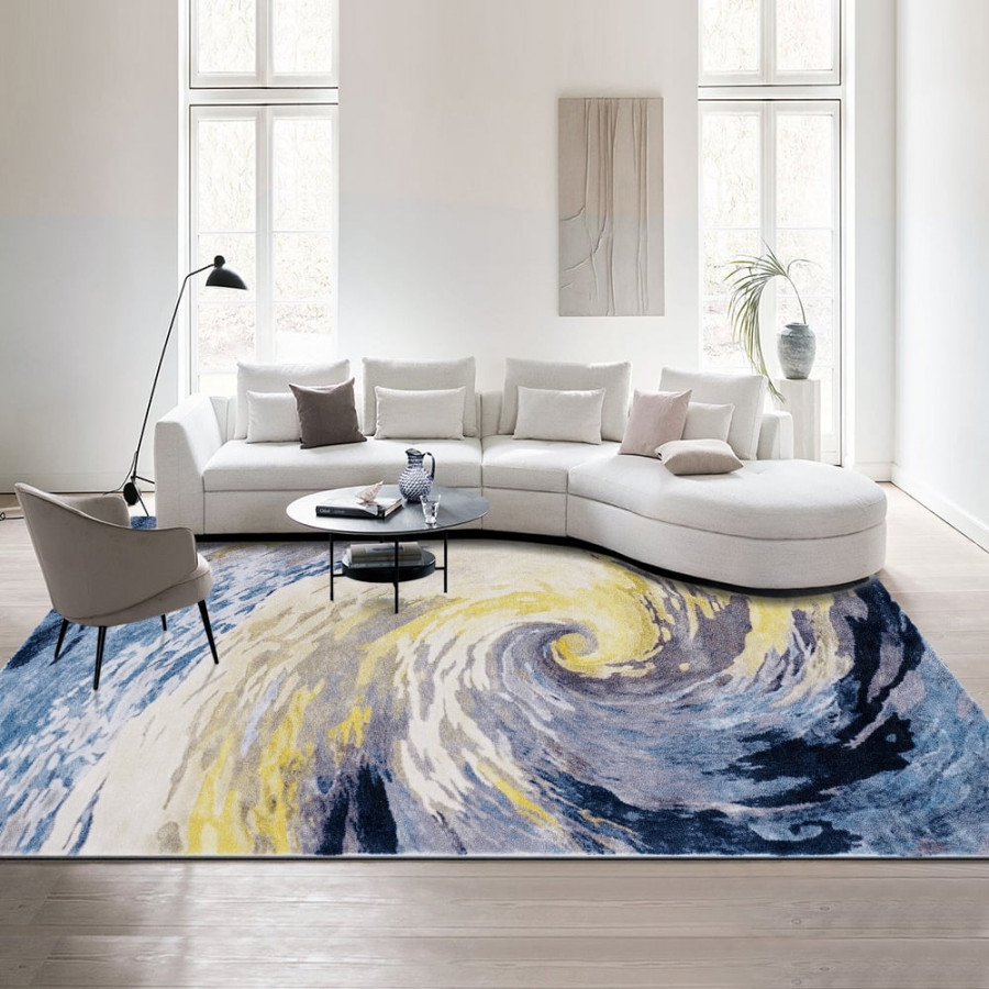 HMR - 3'x 5' Art Deco Blue & Gold Area Rug Living Room Carpet with Swirl Pattern