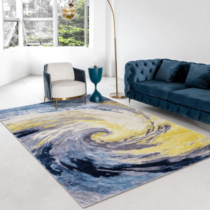 HMR - 3'x 5' Art Deco Blue & Gold Area Rug Living Room Carpet with Swirl Pattern