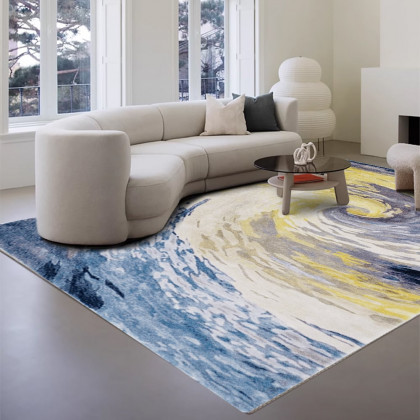 HMR - 3'x 5' Art Deco Blue & Gold Area Rug Living Room Carpet with Swirl Pattern