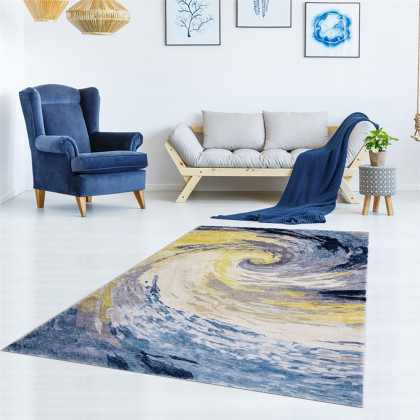 HMR - 3'x 5' Art Deco Blue & Gold Area Rug Living Room Carpet with Swirl Pattern
