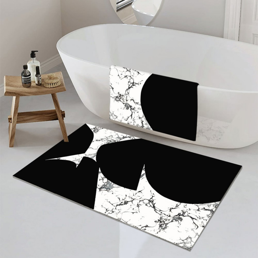HMR - 2 Pieces Black&White Geometric Bath Mat Set Marble Texture Non-slip Absorbent Rug Sets