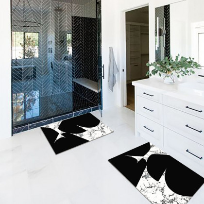 HMR - 2 Pieces Black&White Geometric Bath Mat Set Marble Texture Non-slip Absorbent Rug Sets