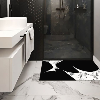 HMR - 2 Pieces Black&White Geometric Bath Mat Set Marble Texture Non-slip Absorbent Rug Sets