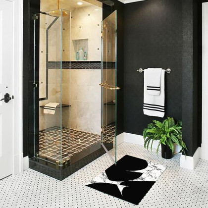 HMR - 2 Pieces Black&White Geometric Bath Mat Set Marble Texture Non-slip Absorbent Rug Sets