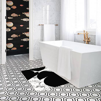 HMR - 2 Pieces Black&White Geometric Bath Mat Set Marble Texture Non-slip Absorbent Rug Sets