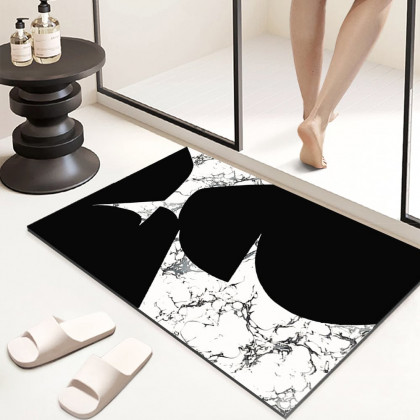 HMR - 2 Pieces Black&White Geometric Bath Mat Set Marble Texture Non-slip Absorbent Rug Sets