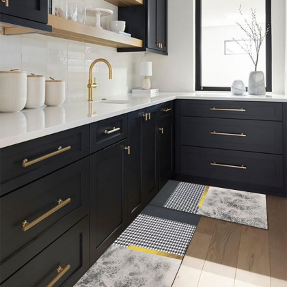 HMR - 2 Pieces Modern Geometric Gradient Gold Washable Kitchen Runner Mats Non-slip Rug Set