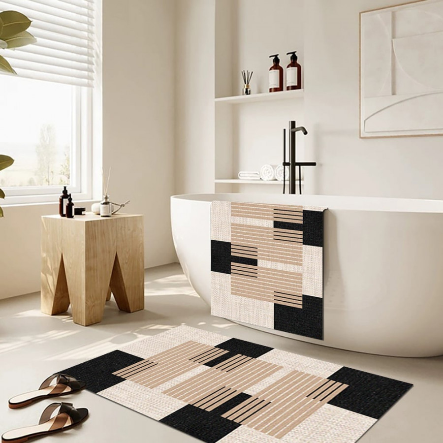 HMR - 2PC Strong Water-absorbent Non-slip Diatom Mud Geometric Bathroom Mat Set Bath Rug