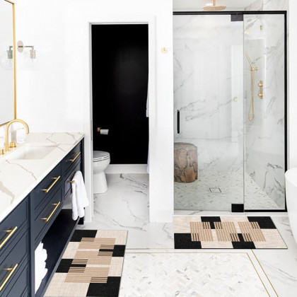 HMR - 2PC Strong Water-absorbent Non-slip Diatom Mud Geometric Bathroom Mat Set Bath Rug