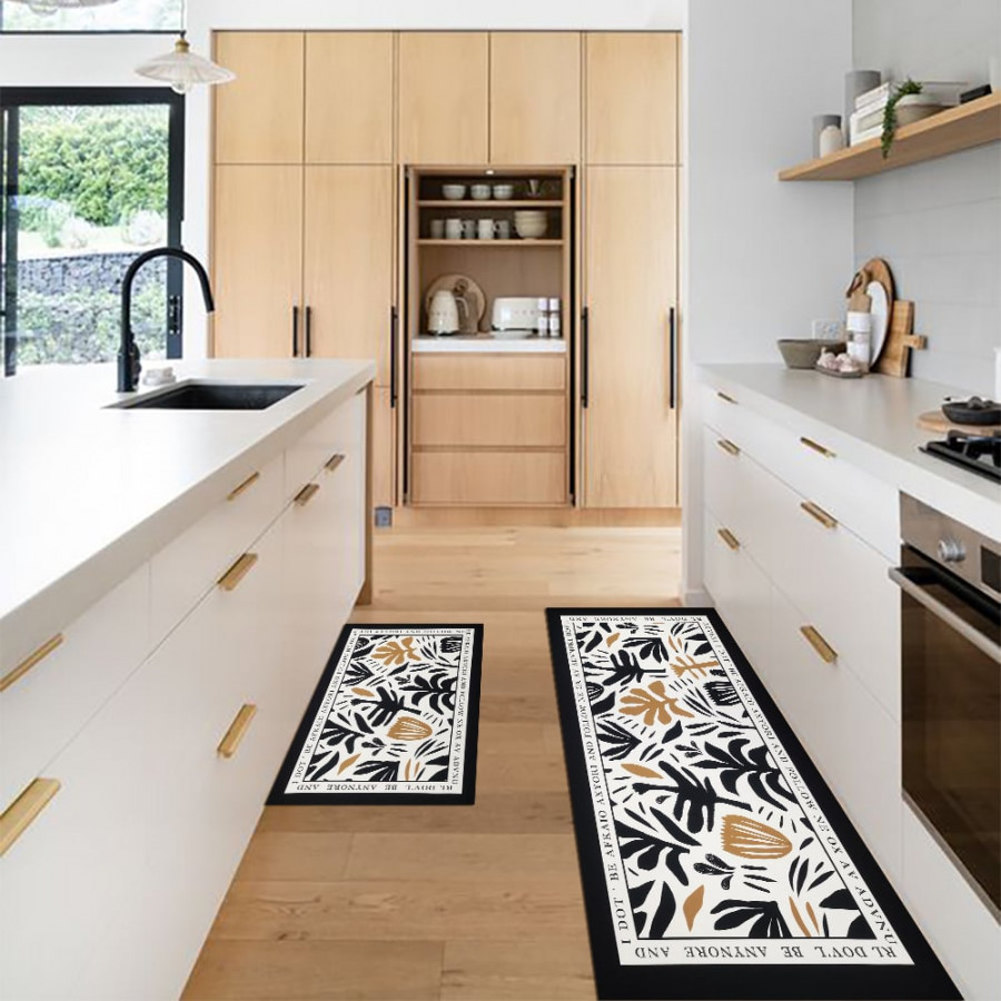 HMR - 2 Pieces Modern Flower Kitchen Runner Mats Non-slip Absorbent Widen Kitchen Rug Set