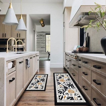 HMR - 2 Pieces Modern Flower Kitchen Runner Mats Non-slip Absorbent Widen Kitchen Rug Set