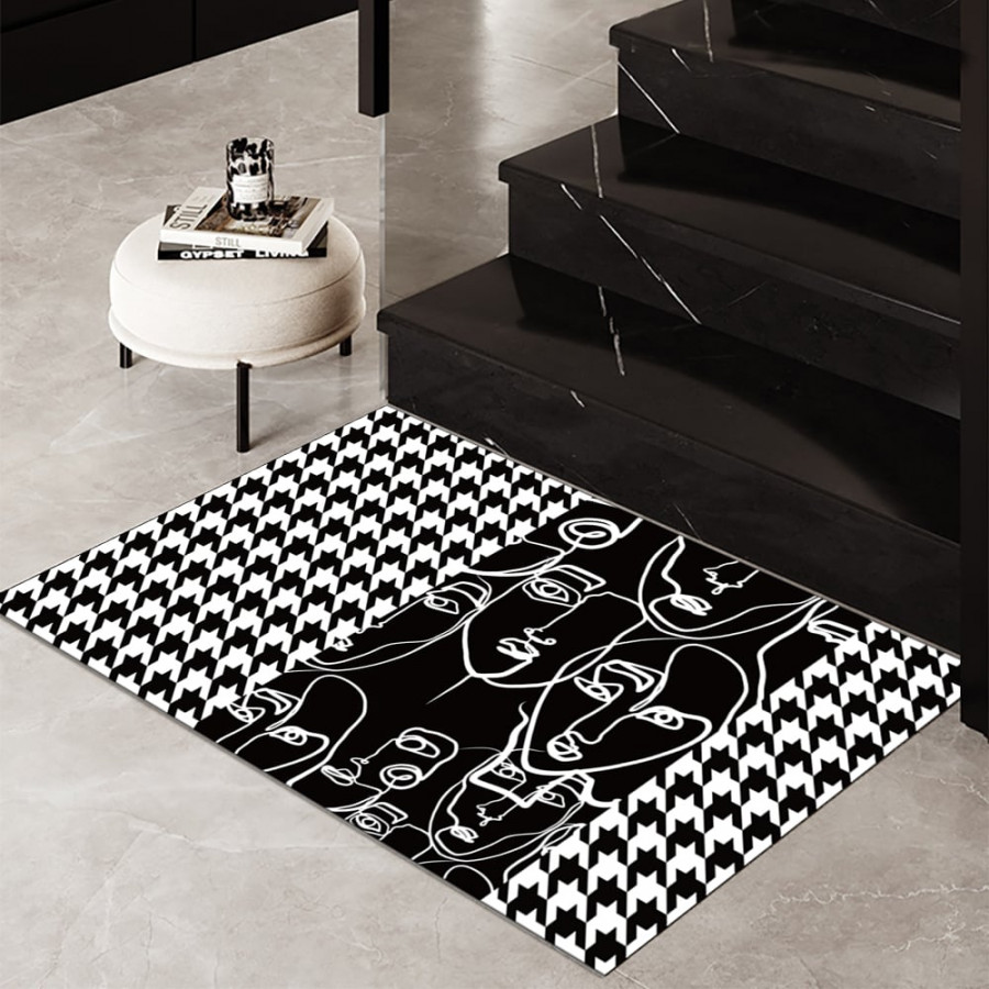 HMR - 2 Pieces Modern Abstract Houndstooth Black Washable Door Mat Non-slip Entryway Rug Set
