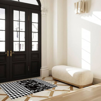 HMR - 2 Pieces Modern Abstract Houndstooth Black Washable Door Mat Non-slip Entryway Rug Set