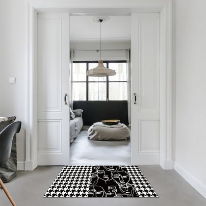 HMR - 2 Pieces Modern Abstract Houndstooth Black Washable Door Mat Non-slip Entryway Rug Set