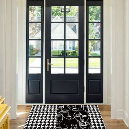 HMR - 2 Pieces Modern Abstract Houndstooth Black Washable Door Mat Non-slip Entryway Rug Set