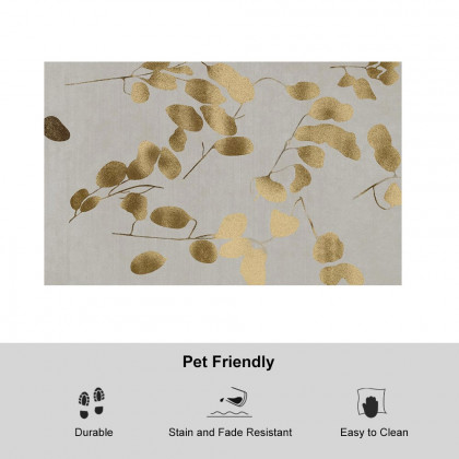 HMR - Modern Rectangle Area Rug with Gold Leaves Patter Nylon Rug