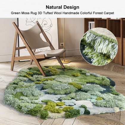 HMR - 31.5" Green Moss Rug 3D Tufted Wool Handmade Colorful Forest Carpet Bedside Living Room