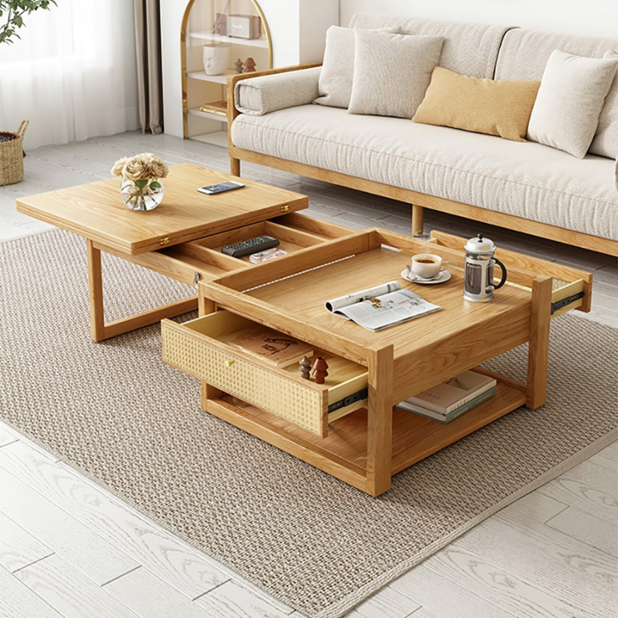 HMR - Japandi Wooden Folding Coffee Table Set Dining Table Rattan Nesting Accent Table