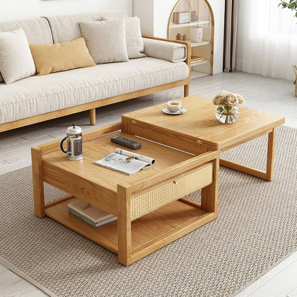 HMR - Japandi Wooden Folding Coffee Table Set Dining Table Rattan Nesting Accent Table